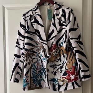 NWT New Collection Wild Spirit Zebra Print Blazer with Floral and Tiger Design
